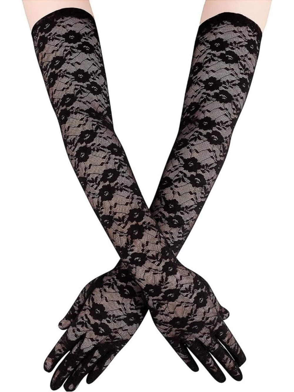 Women's Floral Lace Black Satin Opera Length Elbow Long Evening Party Gloves